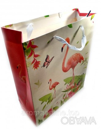 Пакет подарочный картонный "Фламинго и Единороги" (26х32х10 см см). . фото 1