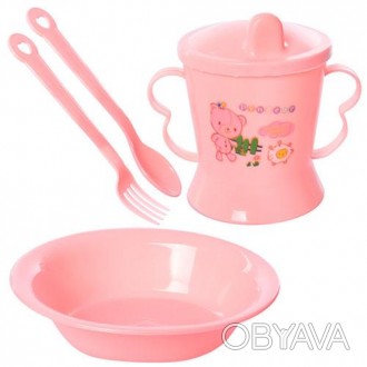 Набор детской посуды "Зверята" R83617, 4 предмета в наборе, тарелка, чашка-поилк. . фото 1