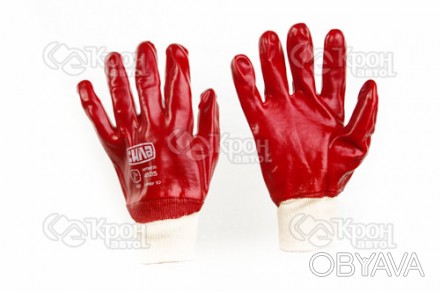 Перчатки с ПВХ покрытием р10 (красные манжет с хеддером). . фото 1