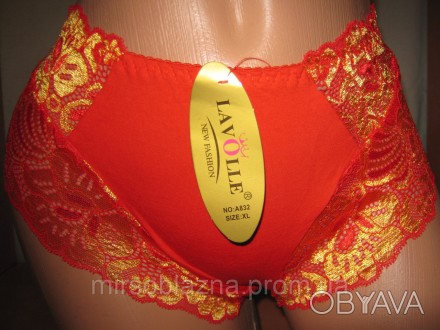 Красивые женские трусики LAVOLLE цвет - красный с золотом, хлопковые с кружевным. . фото 1