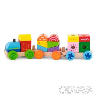 Сборный деревянный поезд Viga Toys Яркие кубики - это красочная развивающая игру. . фото 1