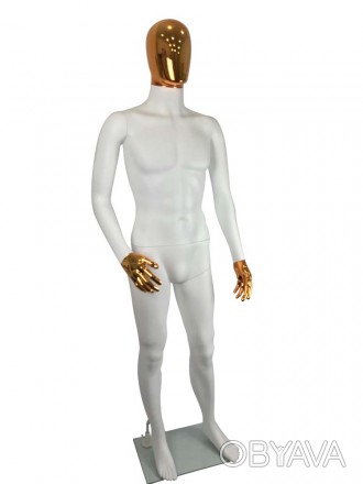 Манекен белый матовый с глянцевыми золотыми кистями и головой для мужской одежды. . фото 1