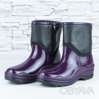 Резиновые ботинки полусапожки фиолетовые непромокаемые утепленные флисом по всей. . фото 1