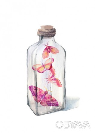 Очень нежная акварельная открытка с бабочками в прозрачной бутылке. 
	Плотная бу. . фото 1