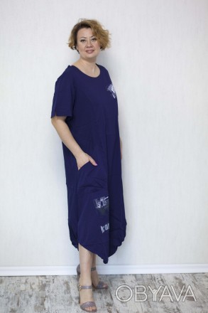  Платье с коротким рукавом из стрейч-коттона. Платье темно-синее с округлой горл. . фото 1