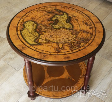 Дерев'яний столик із зображенням старовинної мапи світу коричневого кольору — це. . фото 1