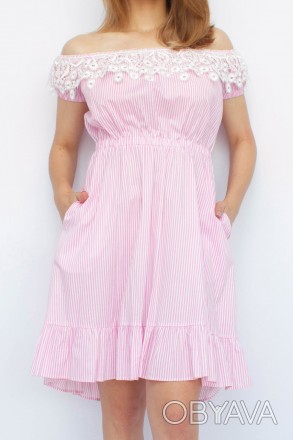 
Летнее платье Charming белый цвет с розовой вертикальной полоской. Ткань платья. . фото 1