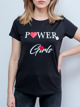 
Стильная женская футболка Joggy черного цвета с принтом в виде надписи белыми б. . фото 2