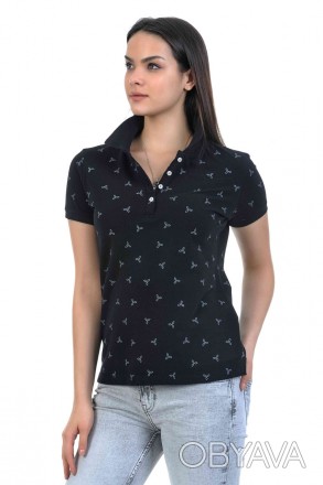 
Стильная женская футболка поло Joggy черного цвета с абстрактным узором белого . . фото 1