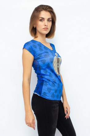 
Стильная женская футболка цвета электрик со стильным принтом. Футболка прилегаю. . фото 3
