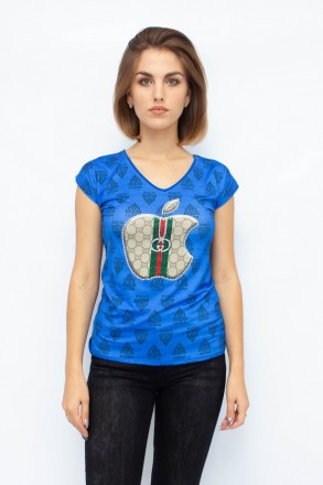 
Стильная женская футболка цвета электрик со стильным принтом. Футболка прилегаю. . фото 2