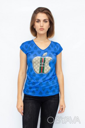 
Стильная женская футболка цвета электрик со стильным принтом. Футболка прилегаю. . фото 1