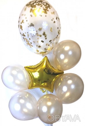 
В упаковке: 
Одна звезда золотая, 
5 шаров золотые 12"
 и 1 большой шар с напол. . фото 1