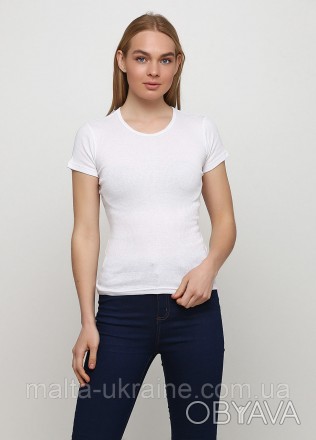 Базовая женская футболка белого цвета Ж469/1-06. Футболка прямого кроя с круглым. . фото 1