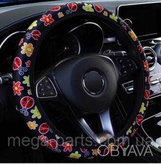 Чехол на руль автомобиля,ткань с принтом (36-39 размер, бархат, черная с цветочк. . фото 1