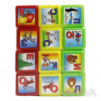 Кубики з літерами і картинками. На кожному кубику зображена буква російського ал. . фото 1
