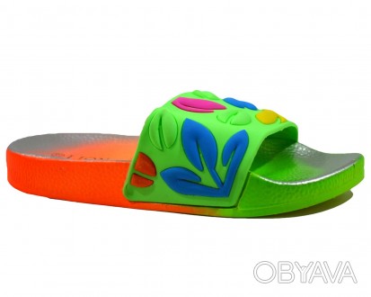 Шлёпанцы LION арт.FY-026, лепестки, зеленый-оранжевый Пляжная обувь для девочек.. . фото 1