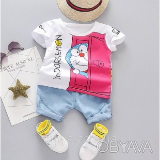 Детский летний костюм на мальчика Doraemon. В комплекте: футболка + шорты, котто. . фото 1