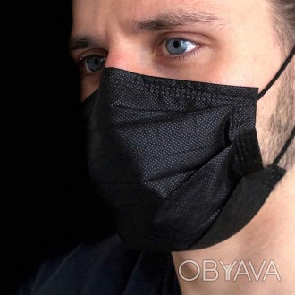Медицинские маски защитные черные 3х слойные штампованные, одноразовые маски для. . фото 1
