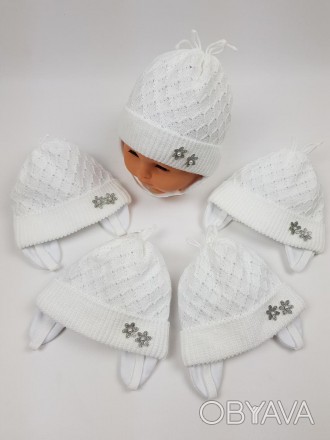 Дитячі польські демісезонні вязані шапки на трикотажній підкладці для новонародж. . фото 1
