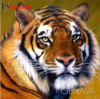 Алмазна вишивка, розмір полотна 40х40 см, портрет тигра 
Повна викладка, стрази . . фото 1