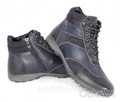 Чоловічі зимові черевики. Матеріал виробу ― штучна шкіра, колір темно синій, в т. . фото 1