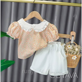 Детский нарядный летний костюм для девочки. В комплекте: блузка + шорты, ткань б. . фото 1