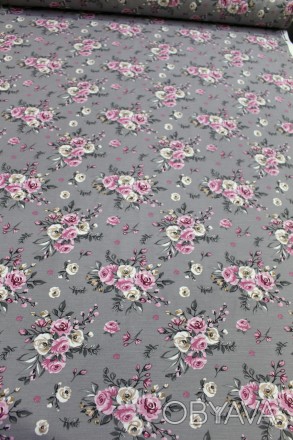 Декоративная ткань розовые розы на сером фоне. Ширина ткани 180 см, высота набир. . фото 1