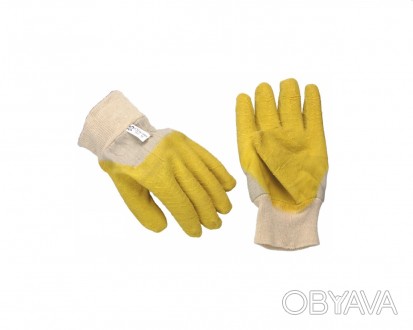 Текстильные перчатки покрытые желтым рифленным латексом для хорошего сцепления с. . фото 1