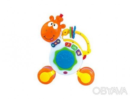 Яркая музыкальная игрушка в виде жирафика. Имеет колёсики-погремушки и ручку, бл. . фото 1