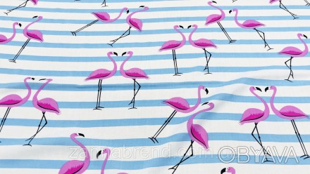  Ткань полосатый штапель с принтом "Влюбленные фламинго" - мягкая, плотная, неэл. . фото 1