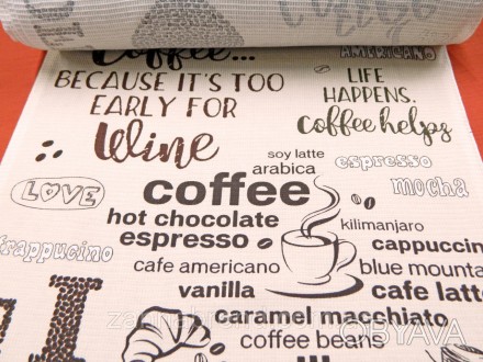 Вафельная ткань для полотенец бежевого цвета принт "I like coffee". . фото 1