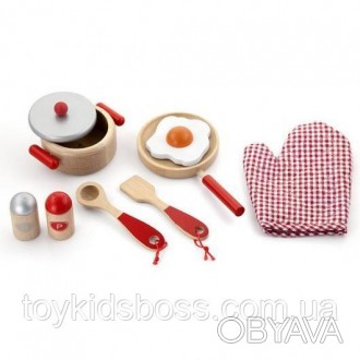 Дитячий кухонний набір містить каструлю з кришкою, сковорідку з яйцем, кухонну л. . фото 1