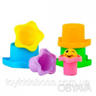 Набір Райдужна пірамідка містить 6 кольорових стаканчиків і кулька-смайлик, який. . фото 1