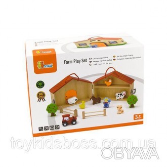 Игрушка состоит из двухэтажного деревянного строения для фермерских животных с ф. . фото 1