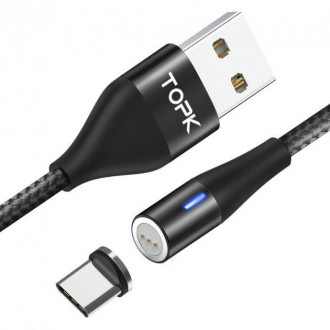 Магнитный кабель для зарядки Topk Led AM23 USB 2.4A Type-C (Black, 2 м) | Зарядн. Киев. фото 1