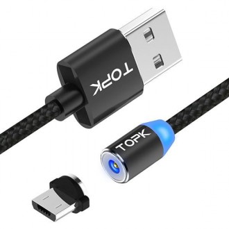Магнитный кабель для зарядки Topk Led AM23 USB 2.4A Micro-USB (Black, 2 м) | Зар. Киев. фото 1