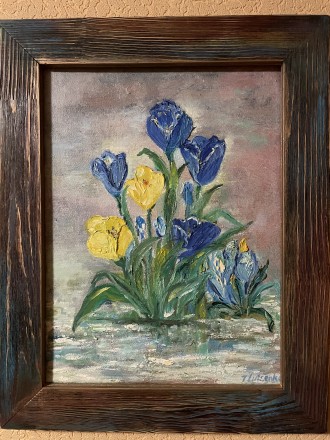 Натюрморт, холст, масло мастихином, ирисы. Київ. фото 1 Натюрморт, холст, масло мастихином, ирисы. Київ. фото 1