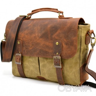 Чоловіча сумка-портфель, з тканини канвас (парусину) та натуральної кінської шкі. . фото 1
