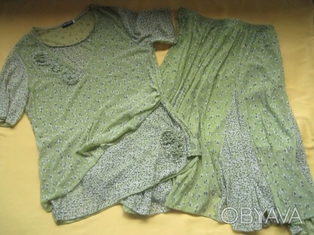 Красивый нарядный костюм,блузка и юбка,наш р.52 .
Цвет - оттенок зелёного с бел. . фото 1