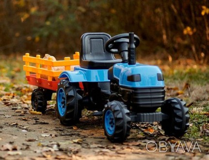 
Синий трактор педальный с прицепом Турция сидение регулируемое колеса с протект. . фото 1