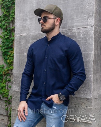 
Рубашка мужская синяя однотонная оверсайз с карманом на груди модная стильная O. . фото 1