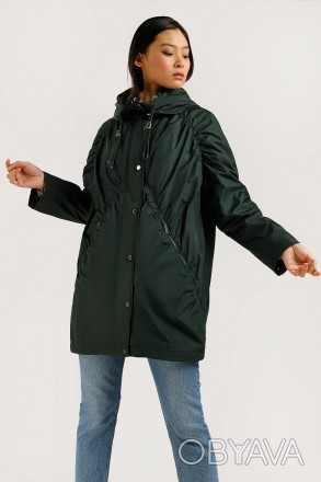 Удлиненная куртка женская Finn Flare демисезонная с капюшоном темно-зелёная со с. . фото 1