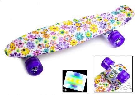 Ультра-модный Penny Board "Violet Flowers" с светящимися фиолетовыми колесами - . . фото 1
