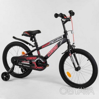 
Велосипед 18 дюймов 2-х колёсный черный с красным 4-7 лет CORSO с дополнительны. . фото 1