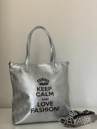 Женская сумка-шоппер серебристая на молнии аккуратно смотрится, вместительная, с. . фото 1