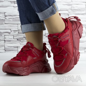 Кроссовки женские красные на шнурках и высокой подошве комбинированные (b-511)
С. . фото 1