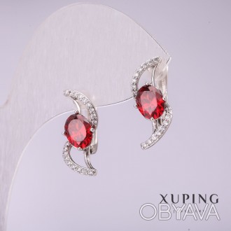 Сережки Xuping з червоними каменями 21х8мм родій купить бижутерию дешево. . фото 1