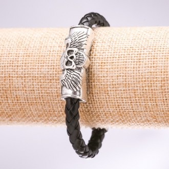 Браслет Череп еко шкіра плетінка чорний L-20см купити біжутерію гуртом. Одеса. фото 1
