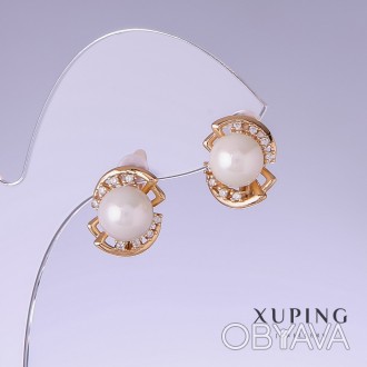 Сережки Xuping з білими перлами "Майорка" L-19мм s-11мм позолота 18к купить бижу. . фото 1